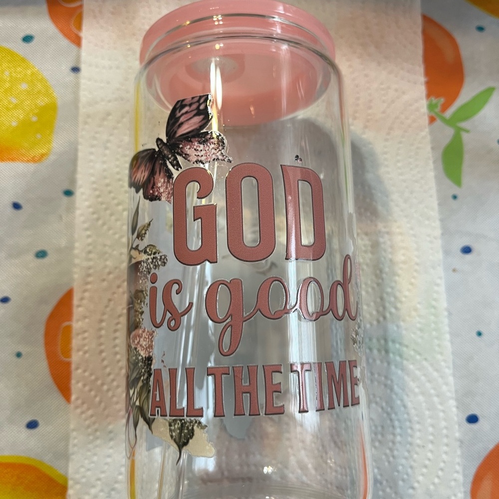 Pink and Clear Tumbler with Inspirational Text